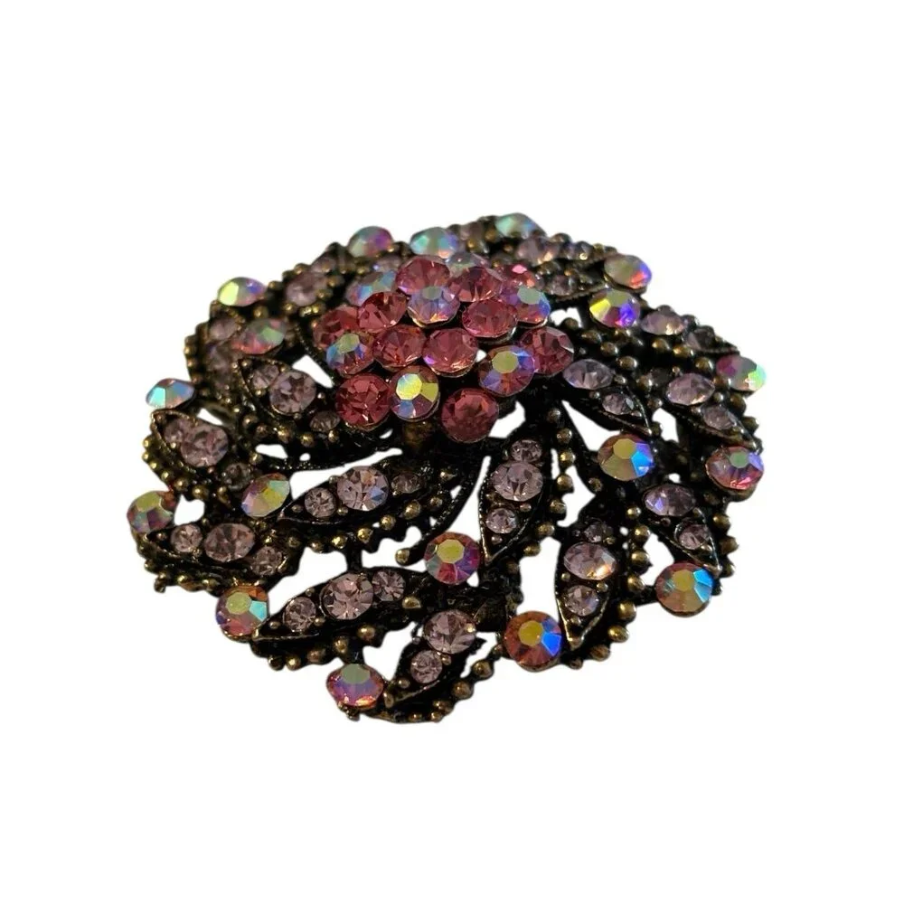 VTG Layered Flower Brooch Pin Pendant‎ Cluster Pink AB Rhinestones Spiral Domed